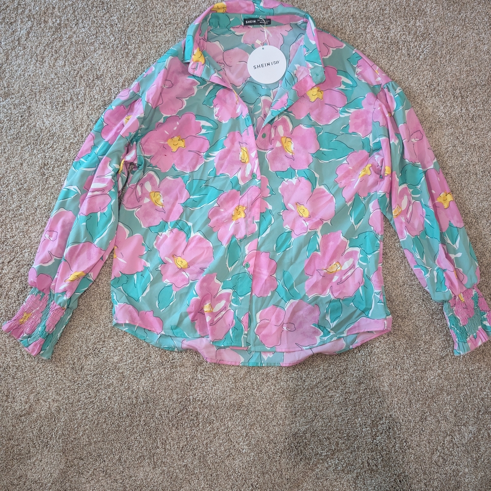 SHEIN Pink and Green Floral Top